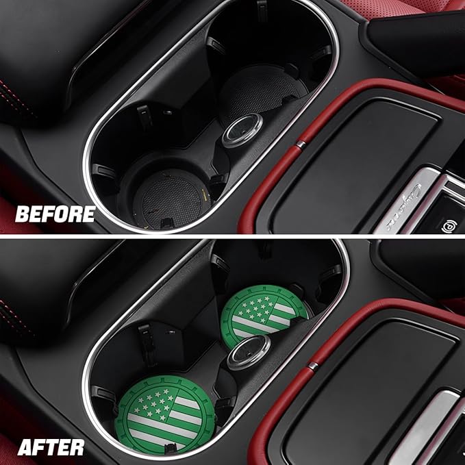 Osilly Car Cup Holder Coasters, 4 Pack American Flag Insert Car Cup Coaster, 2.75 Inch PVC Anti Slip Shockproof Embedded Drink Mat, Car Interior Decoration Accessories for SUV, Truck(Dark Green)