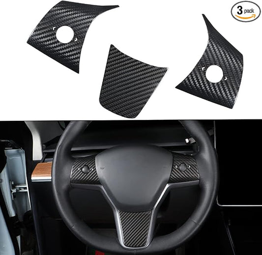 JSWAN Carbon Fiber Steering Wheel Panel Cover for Tesla Model 3 (2017 to 2023) Model Y (2020 to 2024) Steering Wheel Button Frame Wrap Accessories (Bright Black Panel Cover)