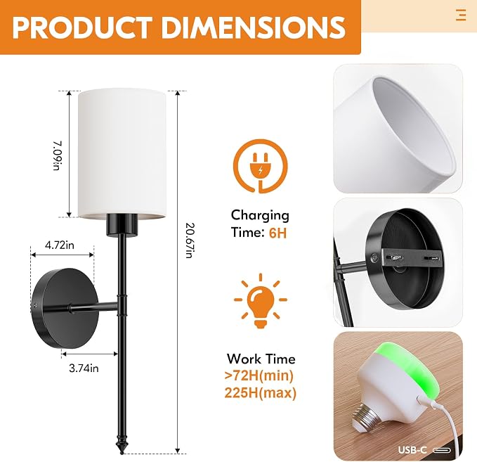 NIORSUN 20.67 inch Battery Operated Wall Sconce Set of 2, Black Rechargeable Wall Lights with 10400mAh Dimmable Bulbs and Remote, 9 Colors Wireless Wall Lamps for Bedroom Living Room Hallway