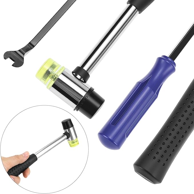 QWORK Car Dent Removal Tool Kit, Stainless Steel Auto Fender Repair Puller, Crowbar Tools Hook Rods, Lifter Big Curved Rod, with Curved Rods, Rubber Mallet, and Hooks