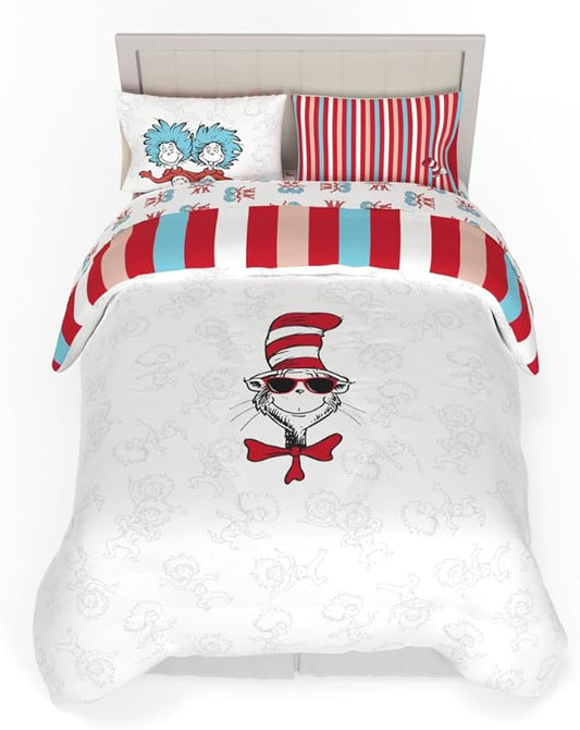 Dr. Seuss Cat in The Hat Kids Bedding, 7 Piece Full Bed Set, Soft Cozy Reversible Comforter and Sheet Set with Sham, Officially Licensed Product by Franco