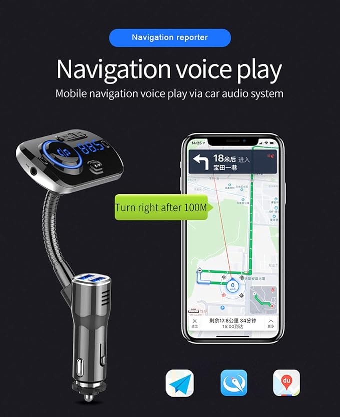 Bluetooth FM Transmitter for Car, 5.0 Bluetooth Handsfree Car Kit Dual USB Colorful Atmosphere Light Support SIRI/Google Voice Assistant QC 3.0 Fast Charge