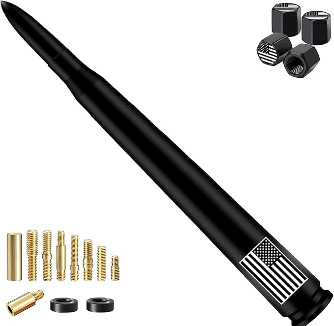 Car Bullet Antenna with Valve Stem Caps for GM Silverado 1500 2500 3500 HD Avalanche Ford F Series F150 F250 GMC Sierra 1500 2500 3500 Denali Heavy Truck Accessories (Black)- 8inch- America Flag