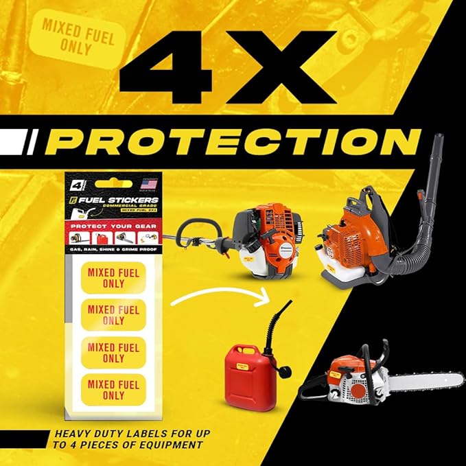 Mixed Fuel Only Sticker, 2 Cycle Labels for Outdoor Fuel Power Equipment - Weather Proof, Extreme Stick, Commercial Grade Labelss by Fuel Stickers - USA Made (2x1 inch), 4 Labels