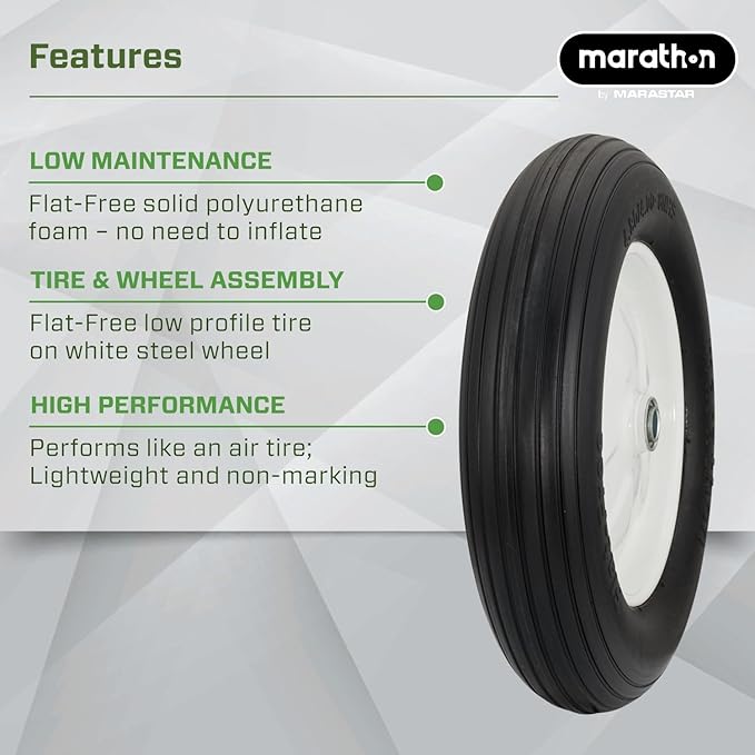 Marathon 4.80/4.00-8" Flat Free Tire on Wheel, 3" Hub, 3/4" Bearings, Ribbed Tread