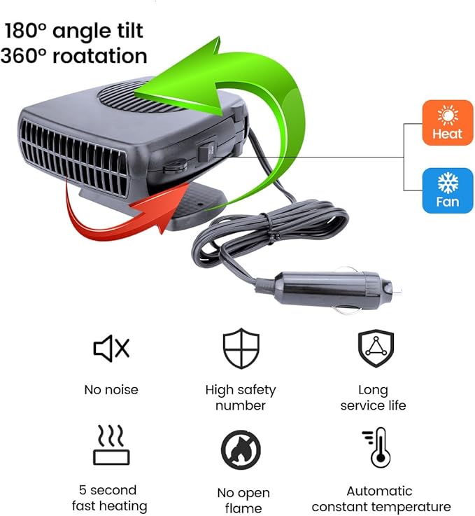 12V Car Heater,200W Portable Windshield Defogger and Defroster Fast Heating & Cooling Fans with Cigarette Lighter Plug(Black)