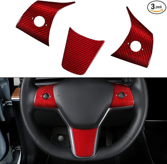 JSWAN Real Carbon Fiber Steering Wheel Panel Cover for Tesla Model 3 2017 to 2023 Model Y 2020 to 2024 Steering Wheel Button Frame Cover Accessories (Red Cover)