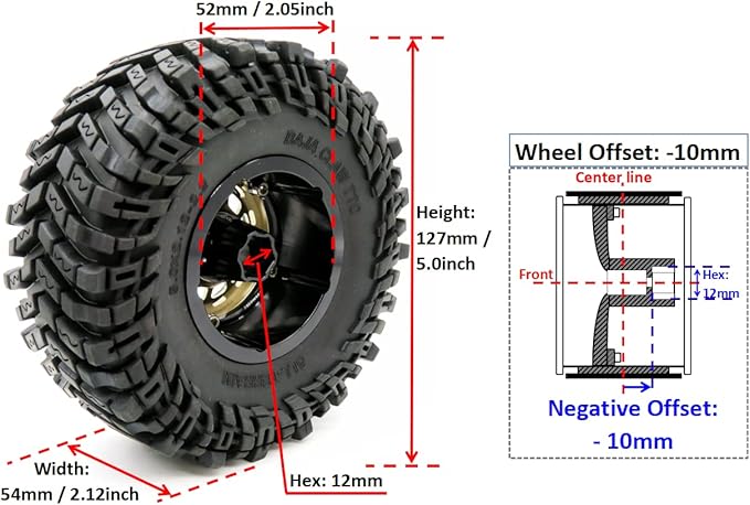 HOBBYSOUL -10mm Negative Offset 2.2 Beadlock Wheels and Tires, 5.0'' Tall tyre & 40mm Wide Rims for RC Mud Crawler All Terrain TRX4 Gen8 Capra Wraith Upgrades,HS701094