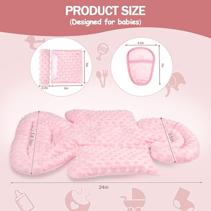 Infant Car Seat Insert Boy Girl, 3 in 1 Newborn Carseat Insert with Strap Pads,Car Seat Head Support for Baby Strollers, Swings, and Bouncers,Comfortable and Machine Washable, Pink