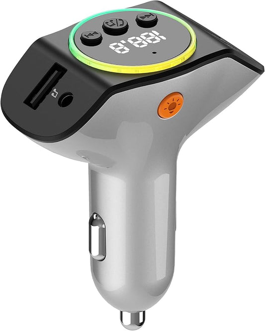 Bluetooth 5.3 FM Transmitter for Car, Wireless Car Adapter with QC3.0/PD30W Fast Charging, Hands-Free Calling, AUX/USB Playback, Navigation Broadcast & 7-Color Mood Light, Ideal for Older Cars/Trucks