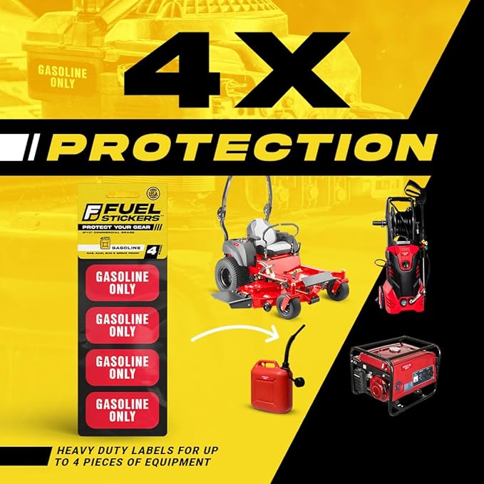 Gas Sticker, Gasoline Decals for Fuel Cans and Outdoor Power Equipment - Weather Proof, Extreme Stick, Commercial Grade Gasoline Label by Fuel Stickers - USA Made (2x1 inch), 4 Labels