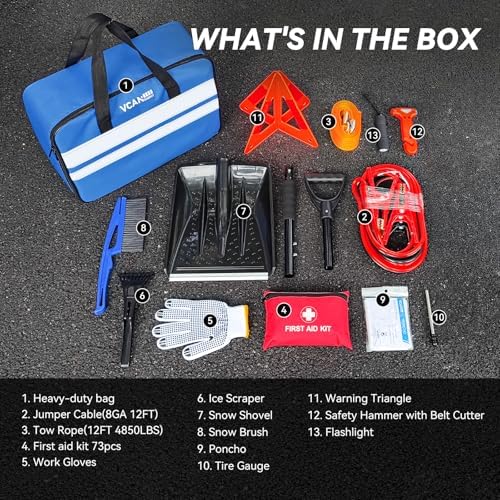 VCANENERGY Car Emergency Kit with Jumper Cable, First Aid Kit, Winter Travel Assistance with Detachable Snow Shovel, Safety Emergency Kit for Cars, Trucks