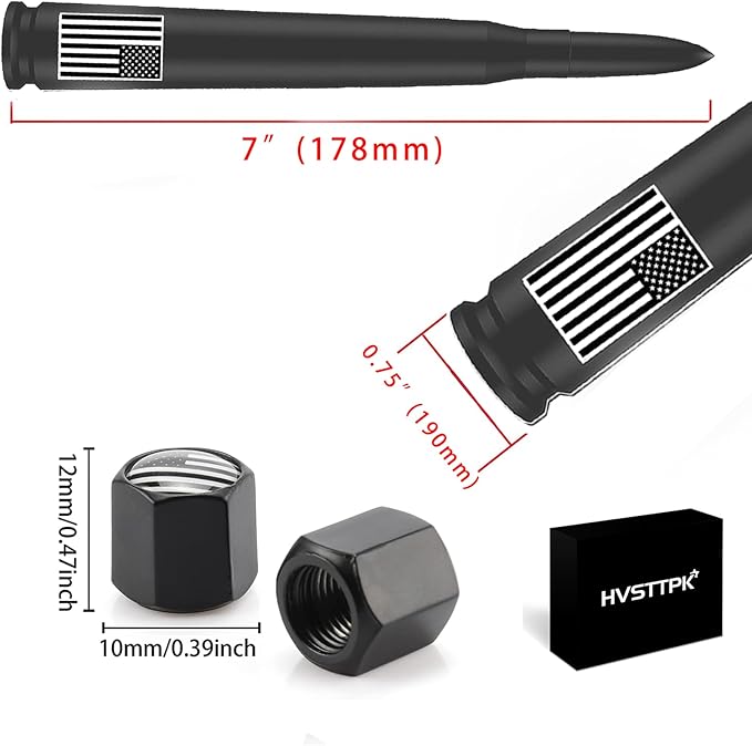 Truck Car Bullet Antenna with Valve Stem Caps for GM Chevy Silverado 1500 2500 3500 HD Avalanche Ford F Series F150 F250 GMC Sierra 1500 2500 3500 Denali Heavy Truck Accessories (Matte Black)- 7inch