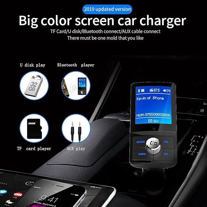 Bluetooth 5.3 FM Transmitter for Car, Colorful 1.8" LCD Screen, QC3.0 PD3.0 Fast Charge, Black