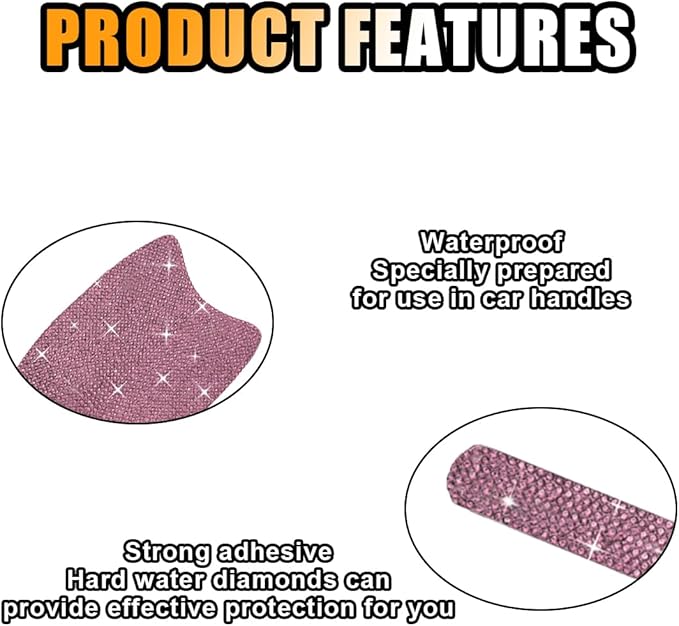 JOYCOURT 10PCS Bling Car Door Handle Anti-Scratch Sticker, Universal Car Doors Handles Protective Cover, Shiny Rhinestone Auto Decor Accessories for Women (Pink)