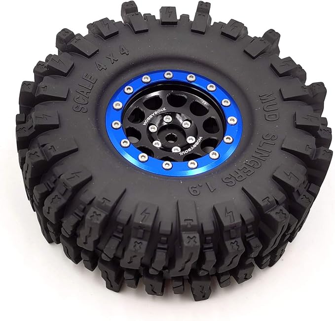 HOBBYSOUL 120mm Tall 1.9 Mud Slingers Tires T8 Soft Sticky Tyres & 1.9 Beadlock Wheels Rims Black Blue For RC 1/10 Rock Crawler SCX10 TRX4 Gen8, (4-Pack, HS700601)