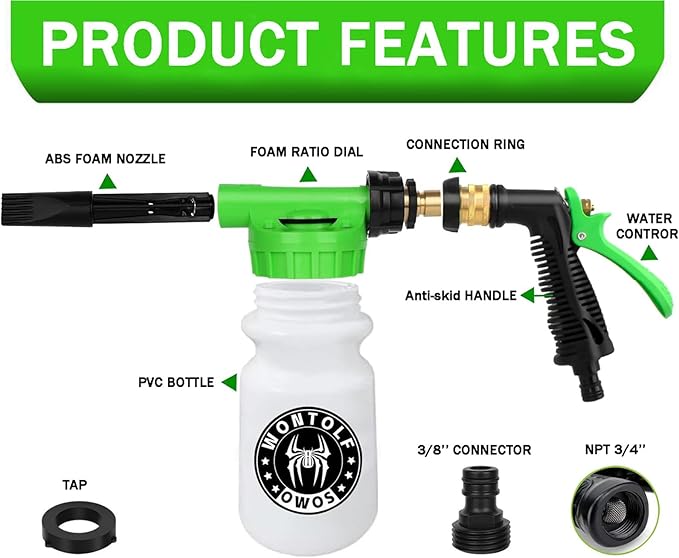 Wontolf Car Wash Foam Gun Foam Cannon Sprayer Kit with Car Wash Soap, Microfiber Car Wash Mitt, Storage Bag - Car Wash Kit - Snow Foam Blaster - Connects to Garden Hose - Car Accessories for Men