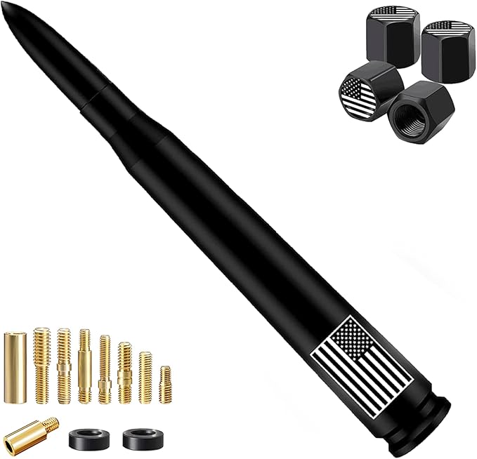 Car Bullet Antenna with Valve Stem Caps for GM Chevy Silverado 1500 2500 3500 HD Avalanche Ford F Series F150 F250 GMC Sierra 1500 2500 3500 Denali Heavy Truck Accessories (Black)- 7inch- America Flag