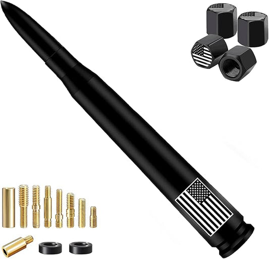 Car Bullet Antenna with Valve Stem Caps for GM Chevy Silverado 1500 2500 3500 HD Avalanche Ford F Series F150 F250 GMC Sierra 1500 2500 3500 Denali Heavy Truck Accessories (Black)- 7inch- America Flag