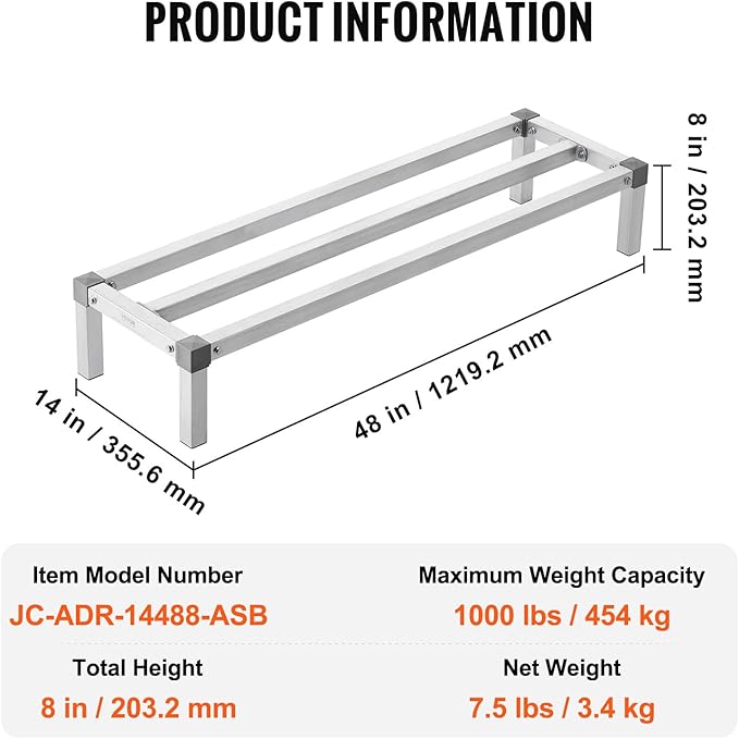 VEVOR Aluminum Dunnage Rack, 48” x 14” Commercial Food Floor Rack, 8” Off the Floor, 1000 lbs Capacity All-Welded Aluminum Storage, for Storage in Restaurants, Kitchens, Garages and Vehicles