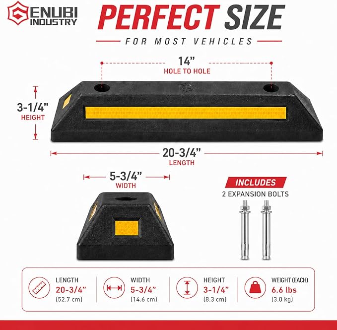Curb Garage Vehicle Floor Parking Stopper, Heavy Duty Rubber Parking Lot Driveway Stopper with Yellow Refective Stripes for Car Vans Trucks RVs Trailer Tire Wheel Guide Block Protect Bumper, 1PC