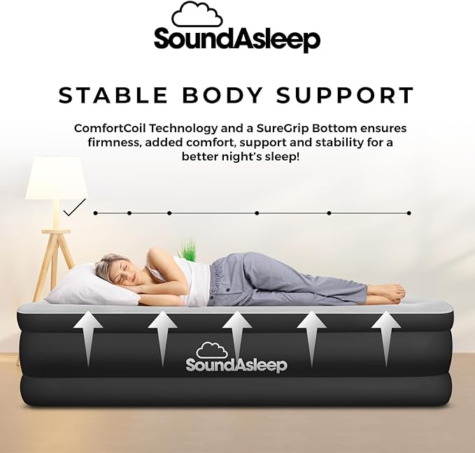 SoundAsleep Dream Series Luxury Air Mattress with ComfortCoil Technology & Built-in High Capacity Pump for Home & Camping- Double Height, Adjustable, Inflatable Blow Up, Portable - Queen Size