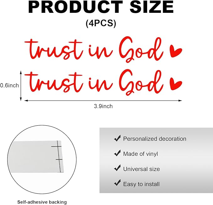 DXNQ 4 PCS Trust in God Rearview Mirror Decals, Automotive Vinyl Rear View Mirror Decorative Stickers, Waterproof Trust in God Stickers for Car Truck Laptop, Car Accessories (Red)