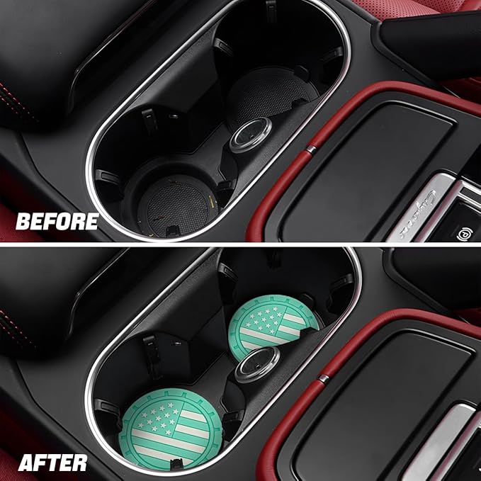 Osilly Car Cup Holder Coasters, 4 Pack American Flag Insert Car Cup Coaster, 2.75 Inch PVC Anti Slip Shockproof Embedded Drink Mat, Car Interior Decoration Accessories for SUV, Truck(Green)