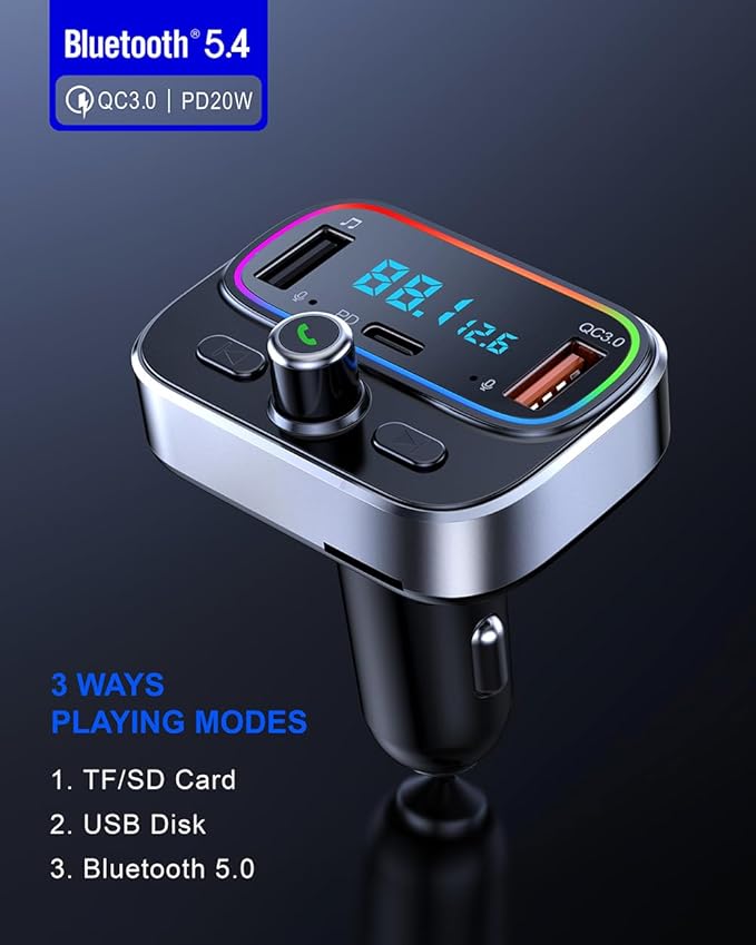 Bluetooth 5.4 FM Transmitter for Car Wireless Radio Adapter Kit, Hands-Free Calling Dual Microphone, Fast Charging 18W & PD 20W for All Smartphones Audio Players, Supports TF/SD Card and USB Disk