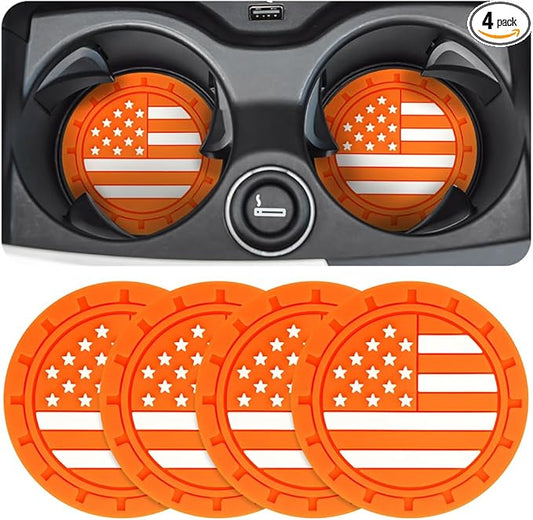 Osilly Car Cup Holder Coasters, 4 Pack American Flag Insert Car Cup Coaster, 2.75 Inch PVC Anti Slip Shockproof Embedded Drink Mat, Car Interior Decoration Accessories for SUV, Truck(Orange)
