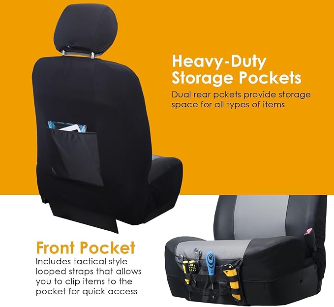 LPI Truck Heavy Duty Car Seat Covers for Front Seats; Fits Sedans and SUVs, Includes Front and Rear Storage Pockets, Built-in Molle Style Organizer; Semi-Custom Fit; Black/Grey, 2pcs
