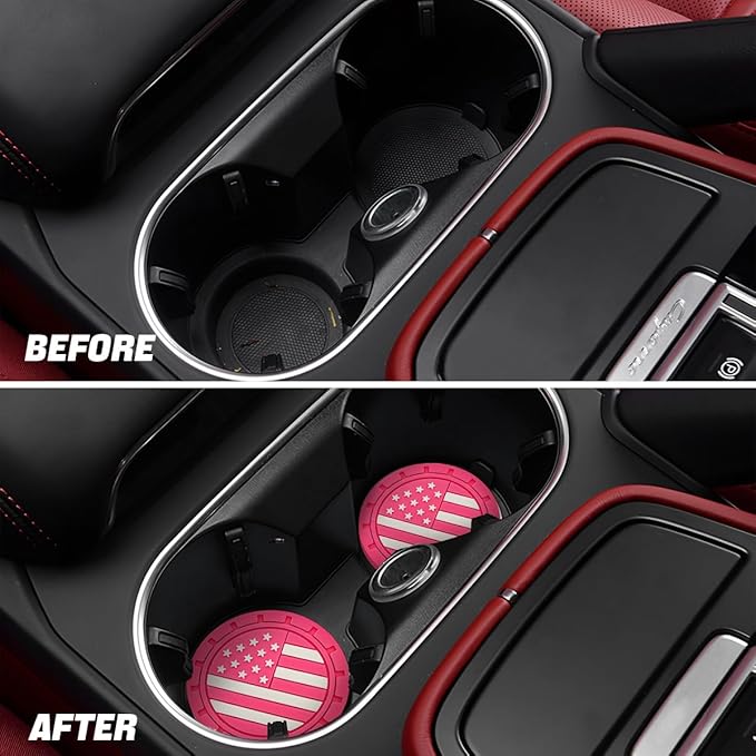 Osilly Car Cup Holder Coasters, 4 Pack American Flag Insert Car Cup Coaster, 2.75 Inch PVC Anti Slip Shockproof Embedded Drink Mat, Car Interior Decoration Accessories for SUV, Truck(Rose Red)