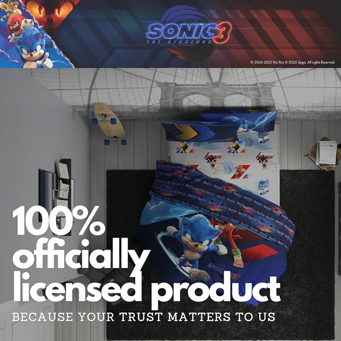 Franco Sonic The Hedgehog 3 Movie Kids Bedding Super Soft Comforter and Sheet Set, 5 Piece Full Size, (Officially Licensed Product) | Durable, Reversible, Officially Licensed
