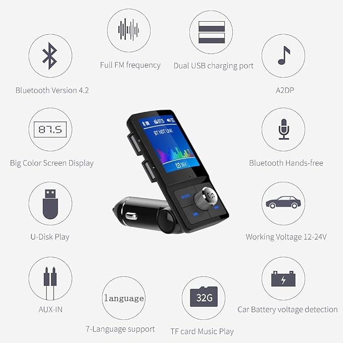 Bluetooth 5.3 FM Transmitter for Car, Colorful 1.8" LCD Screen, QC3.0 PD3.0 Fast Charge, Black