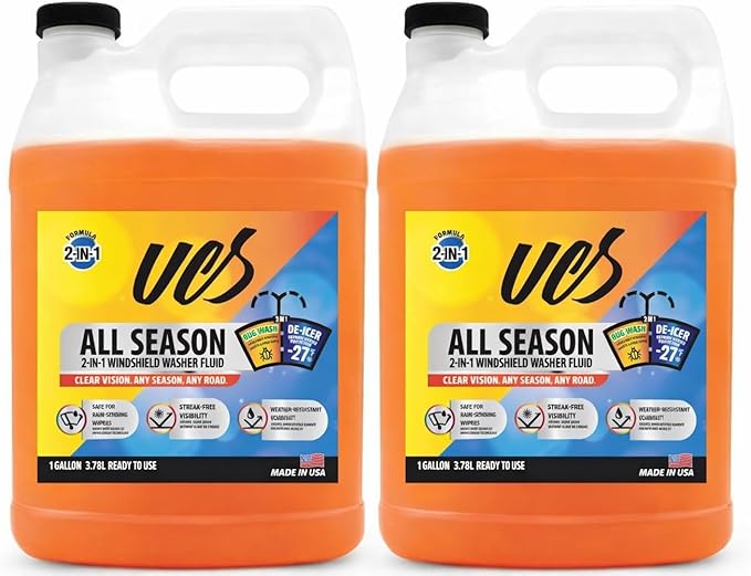 UCS Advanced All-Season Windshield Washer Fluid Winter Protection to -27F | 2-in-1 Bug Wash & Water Beading Technology | Streak-Free Visibility | 1 Gallon Pack of 2