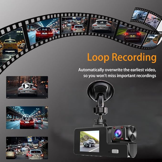 1080P 3 Channel Dash Camera for Car Front and Rear Inside Dashcam Car Video Recorder,170°Wide Angle Vehicle Cam,WDR,G-Sensor,2’’ IPS Screen,Loop Recording,Night Vision(3Channel Dash Cam With 32G Card)