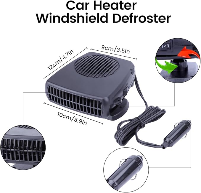 12V Car Heater,200W Portable Windshield Defogger and Defroster Fast Heating & Cooling Fans with Cigarette Lighter Plug(Black)