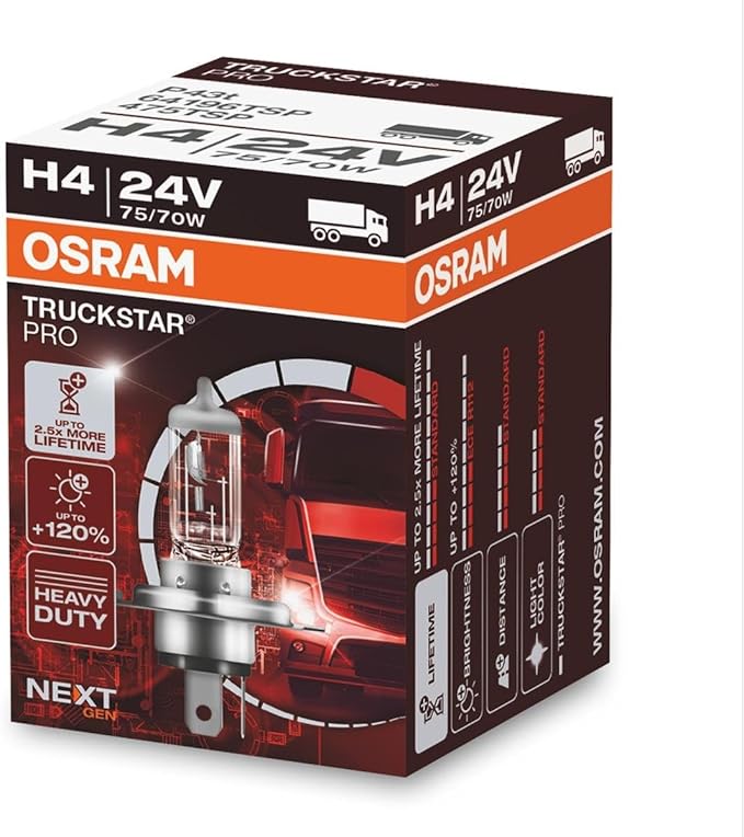 OSRAM TRUCKSTAR PRO H4 halogen headlamp, 64196TSP, 24 V commercial vehicle, folding carton box (1 unit)