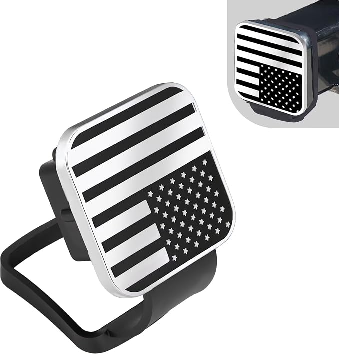 2 Inch Rubber Trailer Hitch Cover, Durable Tow Hitch Covers with American Flag, Car Exterior Accessories Fits for 2 Inches Hitch Receivers, Hitch Cover Tube Plug Cap for Trucks(Silver&Black Line)