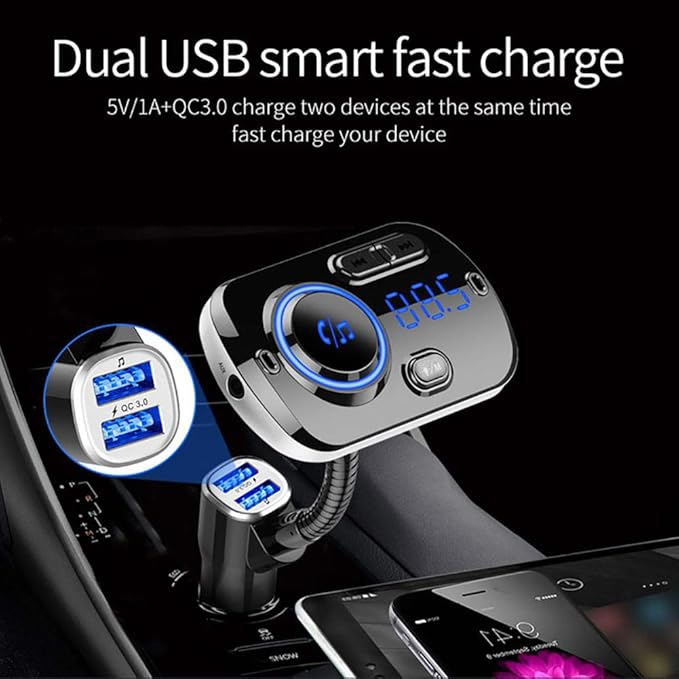 Bluetooth FM Transmitter for Car, 5.0 Bluetooth Handsfree Car Kit Dual USB Colorful Atmosphere Light Support SIRI/Google Voice Assistant QC 3.0 Fast Charge