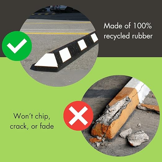 Checkers Park-It® 6 Foot Long 100% Recycled Rubber Parking Stop, 6' x 6" x 4", Parking Lot Curb Wheel Stopper, Highly Visible Black/White, GNRS1620WH