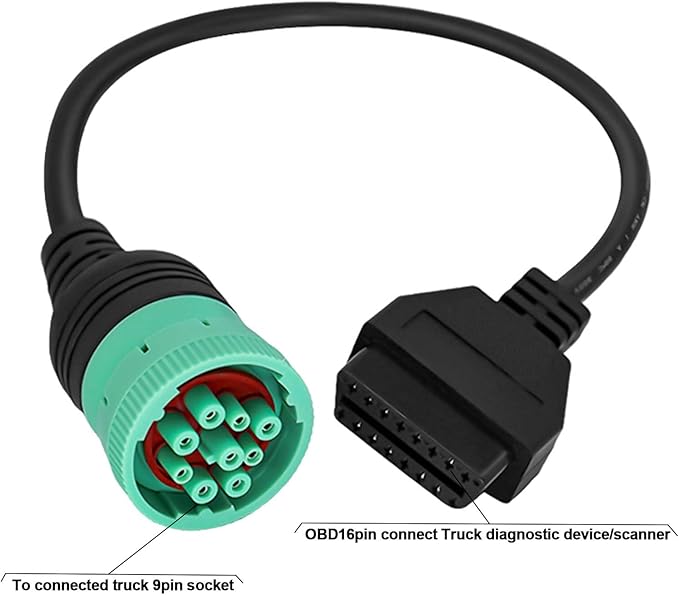 9 Pin to 16 Pin OBD2 Adapter Cable for Heavy Duty Trucks and Commercial Vehicles,Type 2 Green J1939 Diagnostic Connector Plug Work with Truck OBD Diagnostic Scanner Tool