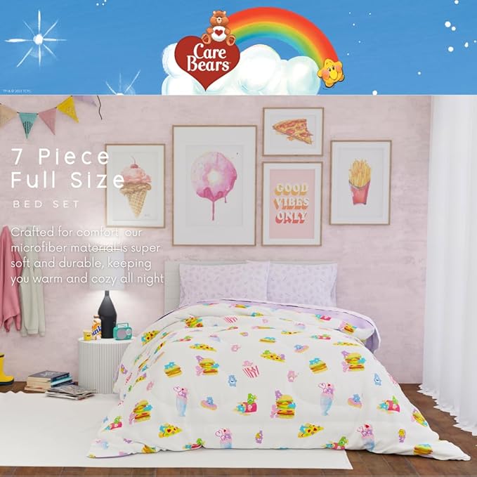 Care Bears Food Snacks 7 Piece Super Soft Cozy Reversible Comforter and Sheet Set with Sham, Full, (Officially Licensed Product) by Franco Collectibles