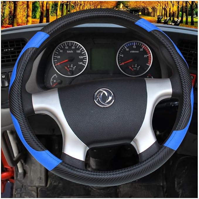 16 Inch Steering Wheel Cover - Carbon Fiber Pattern & Faux Leather, Anti-Slip Grip, Breathable Comfort for Long-Haul Drivers - Black Blue