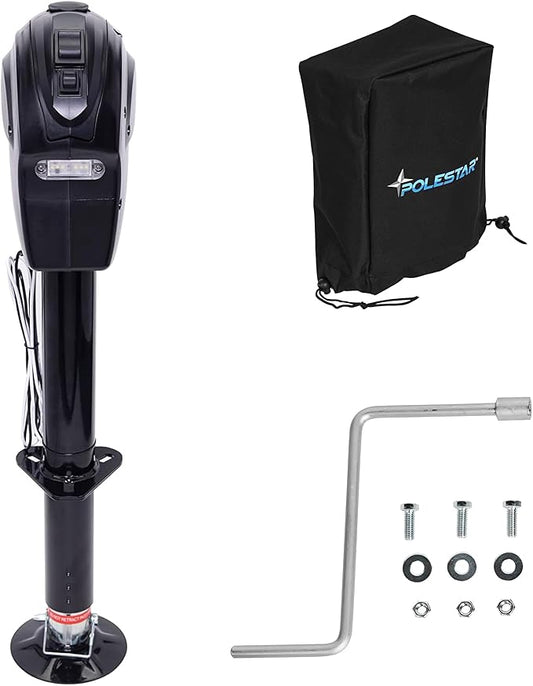 POLESTAR Electric Trailer Jack, 3500lbs Electric Power A- Frame Tongue Jack with Waterproof Protective Cover & LED Light for Travel Trailer Camper, RV, 12V DC with Hard Wiring, 9"-27" Lift