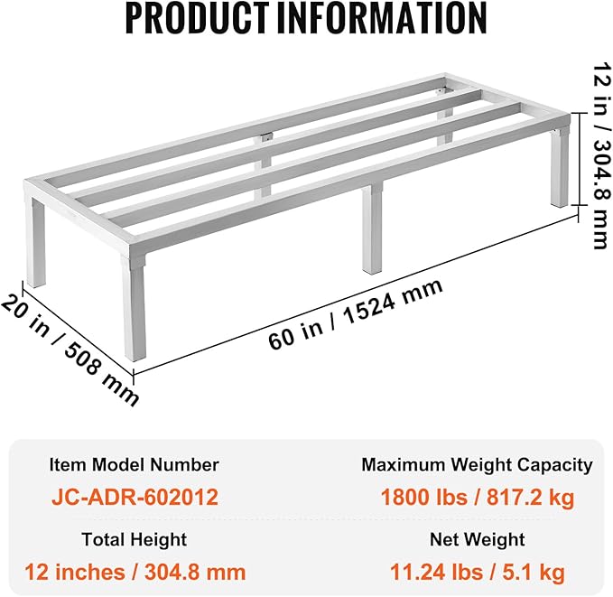 VEVOR Aluminum Dunnage Rack, 60” x 20” Commercial Food Floor Rack, 12” Off the Floor, 1800 lbs Capacity All-Welded Aluminum Storage, for Storage in Restaurants, Kitchens, Garages and Vehicles