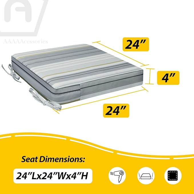 AAAAAcessories Outdoor Seat Cushions for Chairs, Waterproof, Fade-Resistant, 24" x 24" x 4", Patio Furniture Replacement Cushions, Set of 2, Ash Blue Harbor Stripe