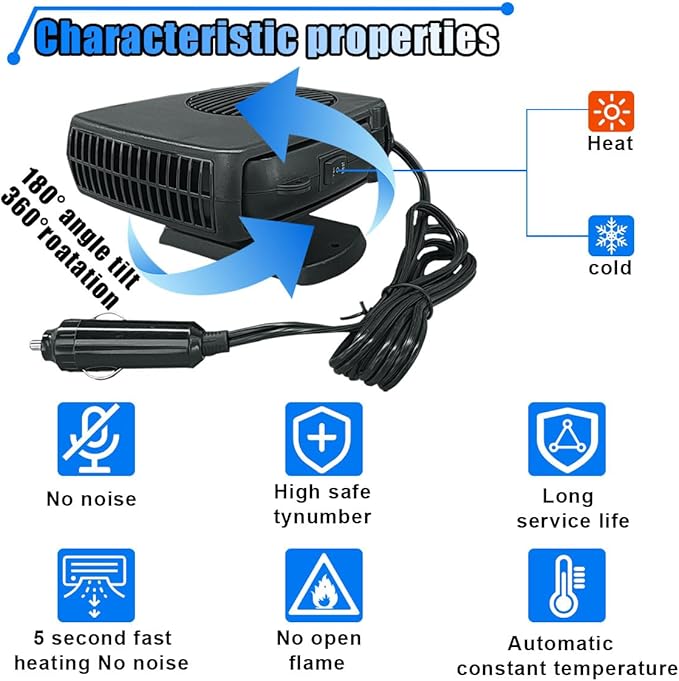12V 200W Portable Car Heater, Car Windshield Defogger Defroster with 360 Degree Rotary & Cigarette Lighter Plug-in, 2 in 1 Auto Windscreen/Window Heater Fast Heating & Cooling Fan