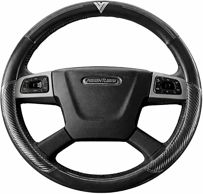 18-Inch Genuine Leather Steering Wheel Cover for Semi Trucks – Black with Grey Stripes, Universal Fit Heavy-Duty Non-Slip Grip, Comfortable Control, Easy Installation