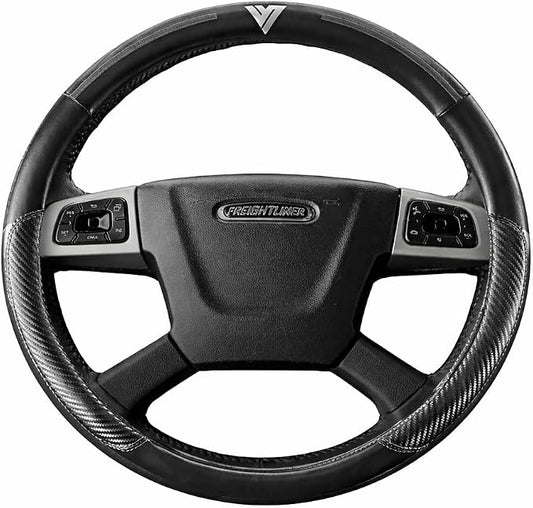 18-Inch Genuine Leather Steering Wheel Cover for Semi Trucks – Black with Grey Stripes, Universal Fit Heavy-Duty Non-Slip Grip, Comfortable Control, Easy Installation
